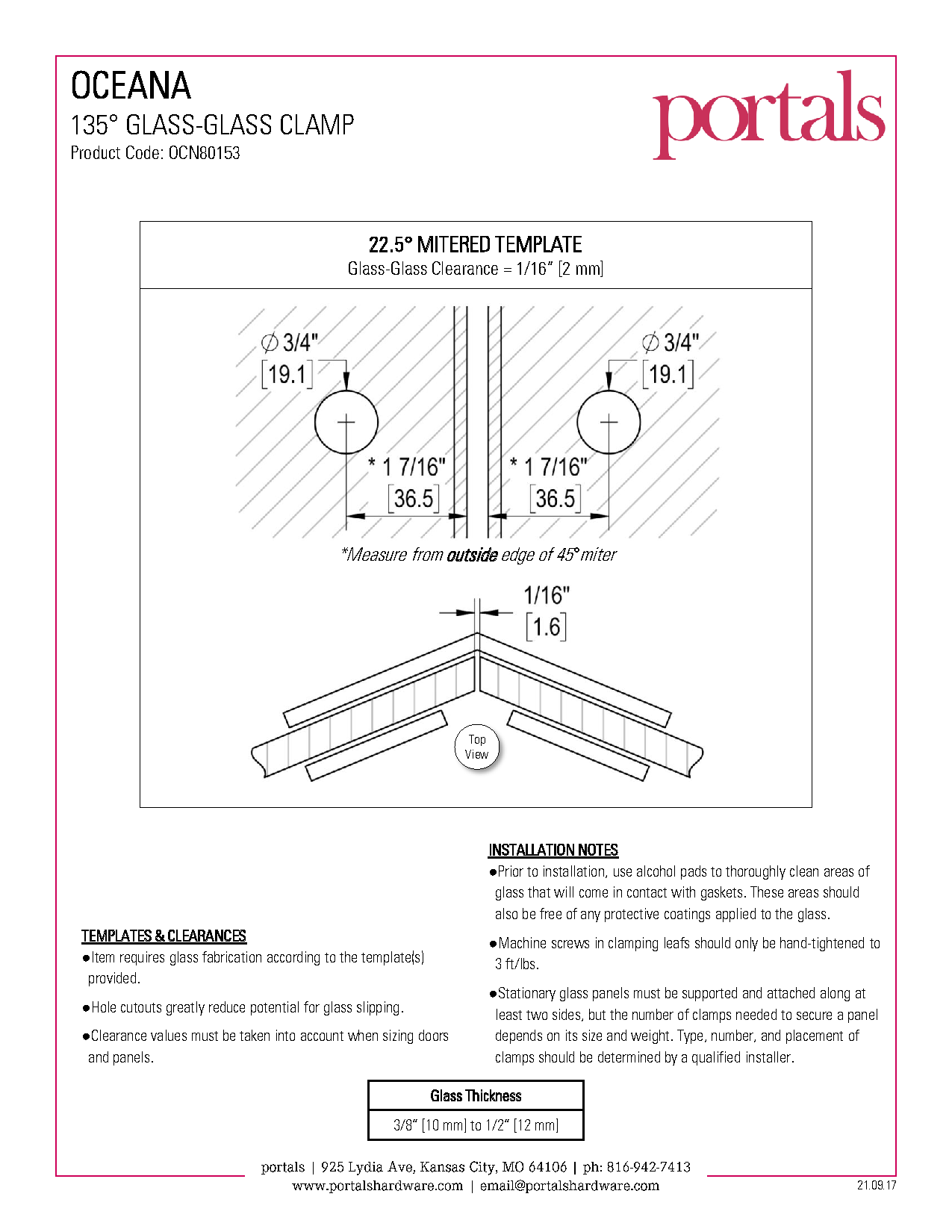 Portals Oceana Beveled 135º Glass-to-Glass Clamp (CRL BGC135)